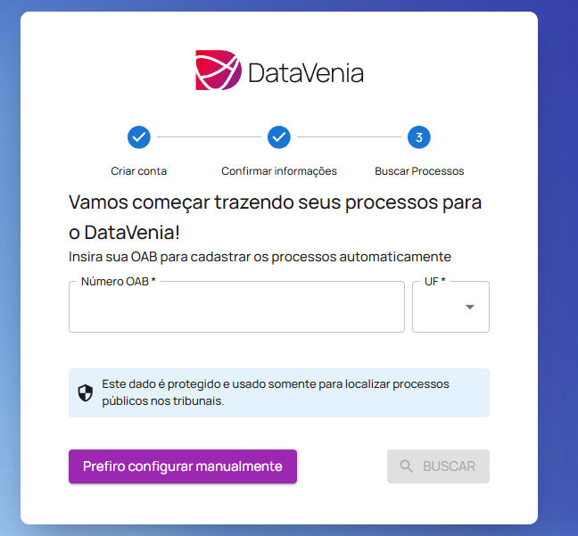 Tela para informar OAB e buscar processos automaticamente