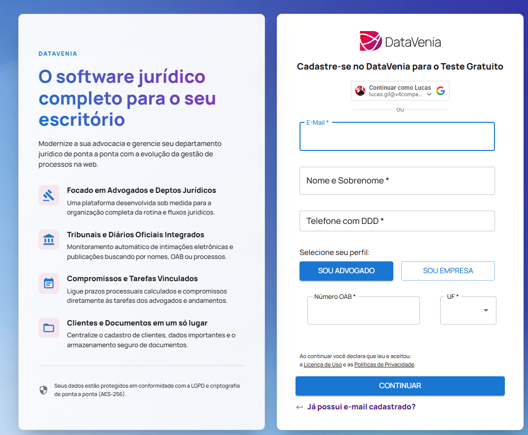 Tela de cadastro do DataVenia para teste gratuito