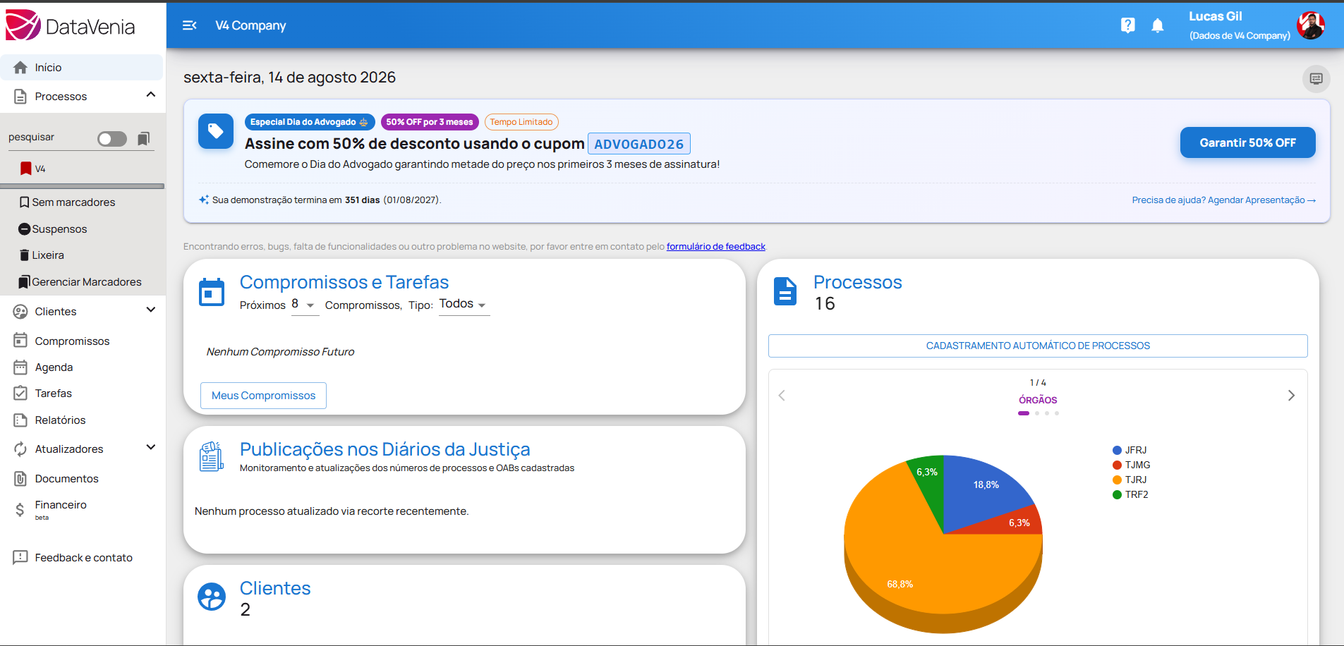 Dashboard do DataVenia exibindo processos encontrados